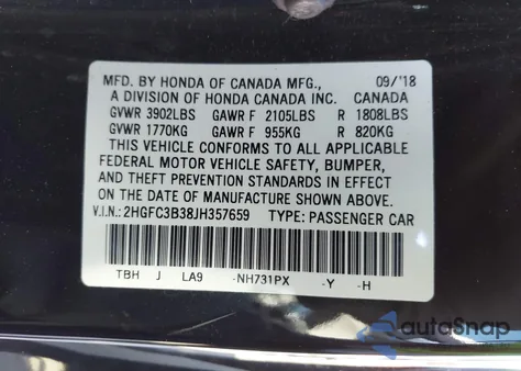 2018 Honda Civic Ex-T from USA, damaged, VIN 2HGFC3B38JH357659